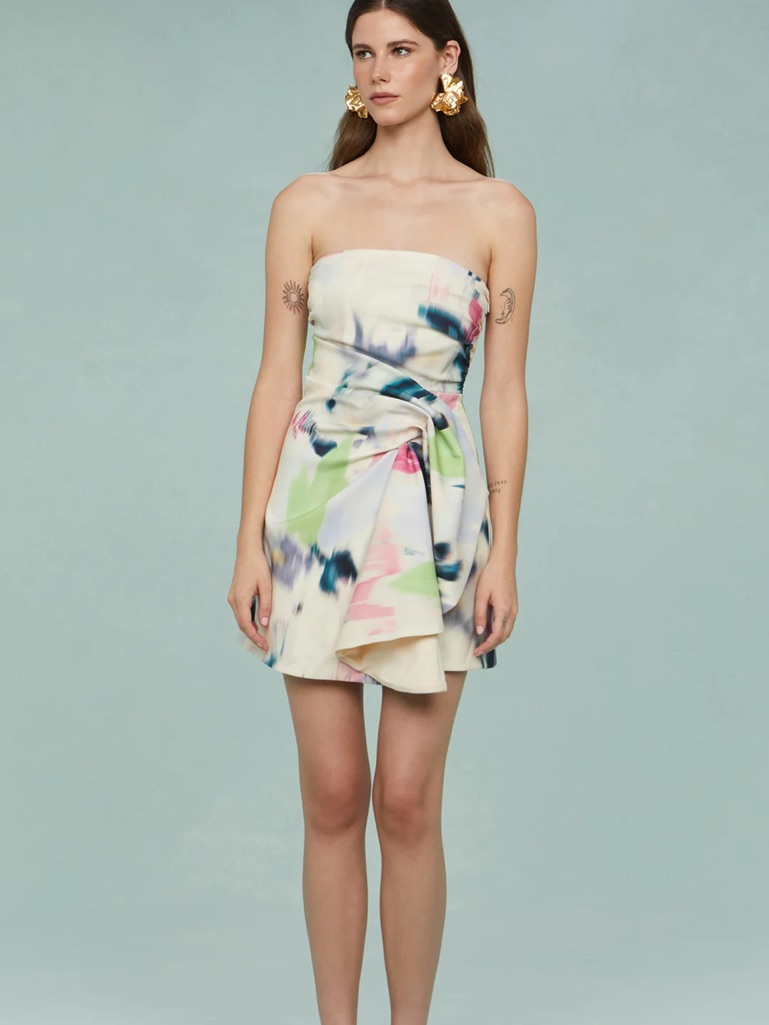 Amur Strapless Watercolor Tie-Detail Mini Dress - White Multi